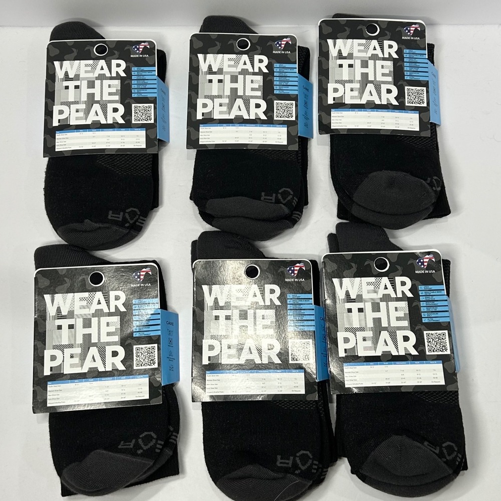 Pear Sox Adult Performance Crew Socks Black Grey Made in USA 6 Pair Lot Adult L - Picture 9 of 9